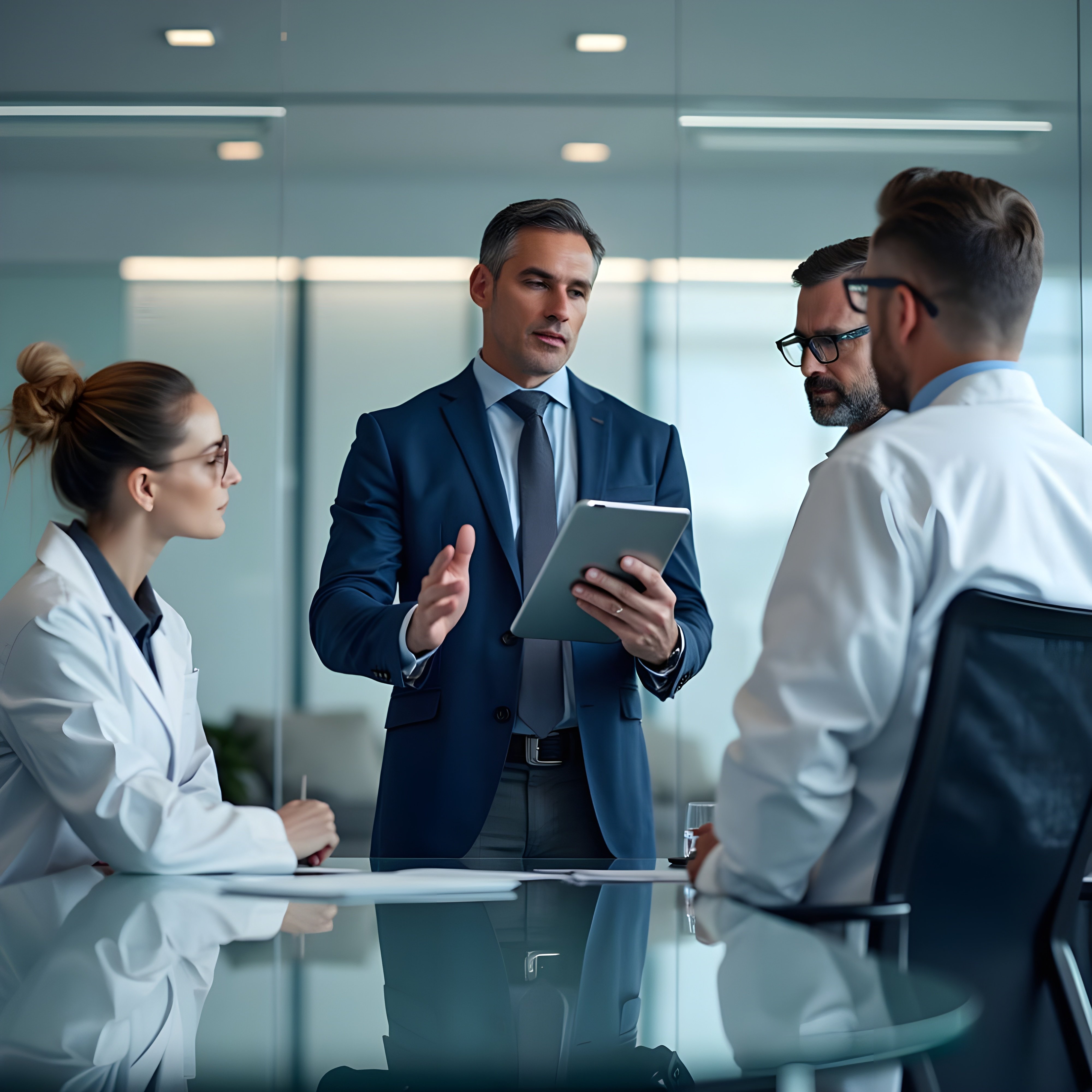 Hospital manager consulting with doctors. Pharmaceutical sales representative talking with female doctor in medical building.